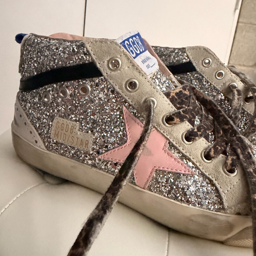 Golden Goose Silver Glitter High-Top Sneakers with Pink Star - Picture 3 of 8